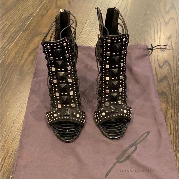 B Brian Atwood side lace studded open toe heel